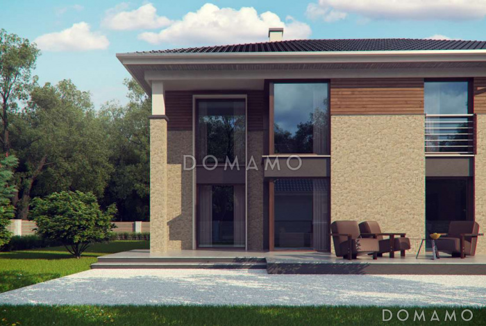 Проект просторного двухэтажного дома из газобетона с дополнительной спальней на первом этаже, гаражом и сауной