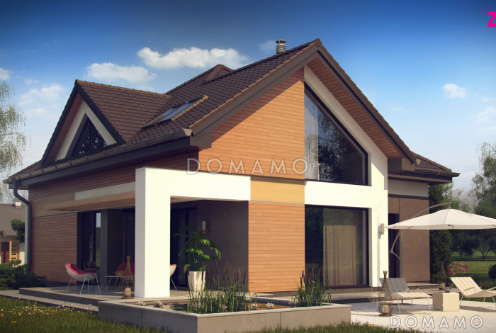 Проект одноэтажного мансардного дома из газобетона с гаражом и тремя спальнями и балконом