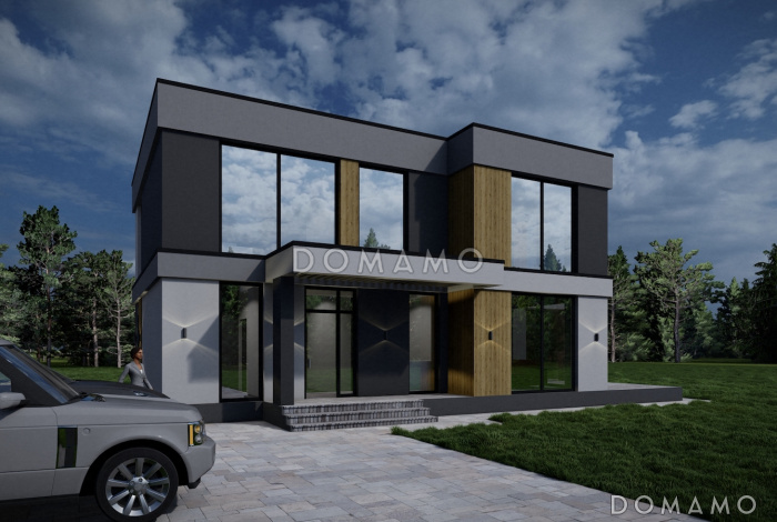 Проект дома с панорамным остеклением на обоих этажах, с 4 спальнями и крытой террасой