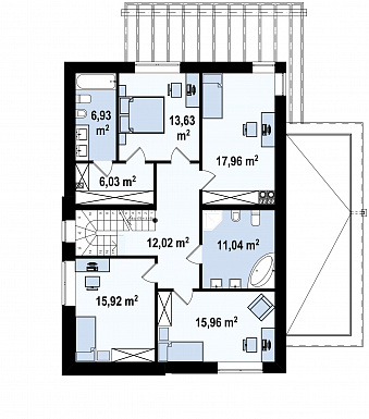 Проект современного двухэтажного дома из газобетона с плоской крышей с четырьмя спальнями, кабинетом и двухместным гаражом / План 2 этажа