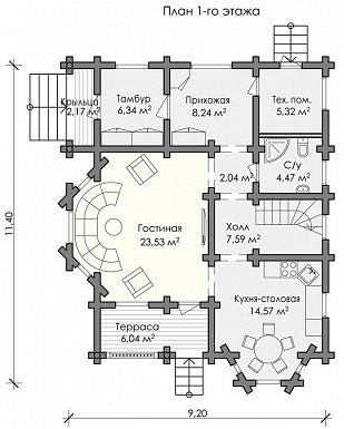 Проект деревянного дома площадью до 200 кв.м из оцилиндрованного бревна / План 1 этажа
