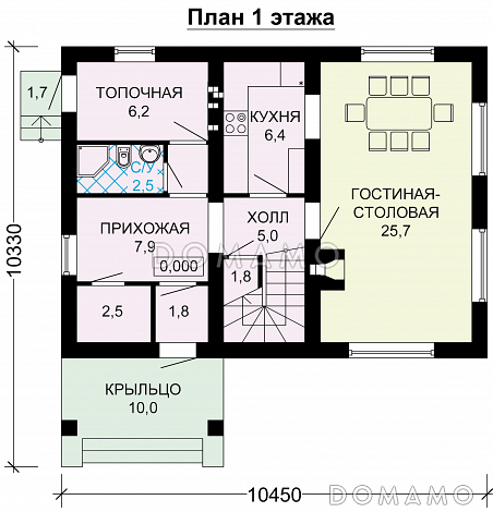 Проект небольшого дома из пеноблоков с интересной отделкой / План 1 этажа