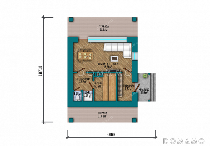 Проект компактной одноэтажной бани в классическом стиле с большой террасой, витражным остеклением и просторной комнатой отдыха / План 1 этажа