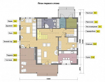 Проект кирпичного дома с сауной на первом этаже / План 1 этажа