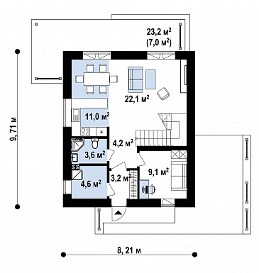 Проект загородного дома для семьи с детьми, просторной ванной, террасой / План 1 этажа