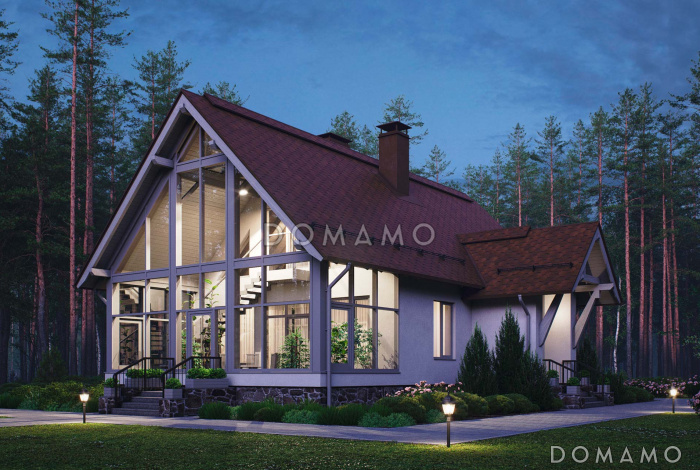 Проект дома с одной спальней, панорамным остеклением, зимним садом и чердаком