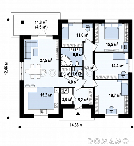 Проект одноэтажного дома с выделенной частной зоной, террасой, большой кухней, кладовой / План 1 этажа