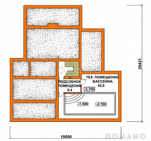 Проект дома с двускатной крышей, бассейном, зимним садом и небольшим подвалом / План цокольного этажа