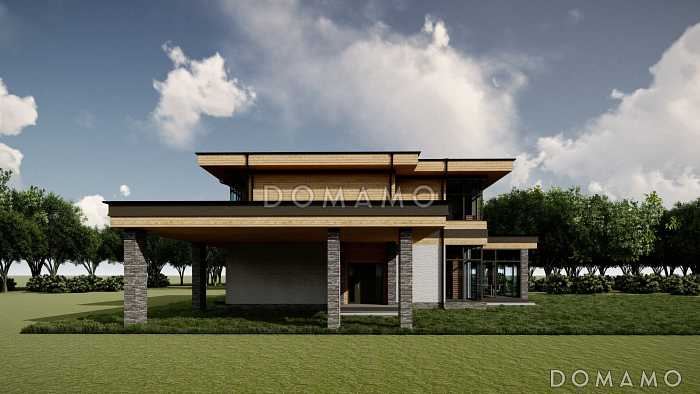 Проект просторного дома с навесом, верандой, сауной, 4 спальнями и кабинетом