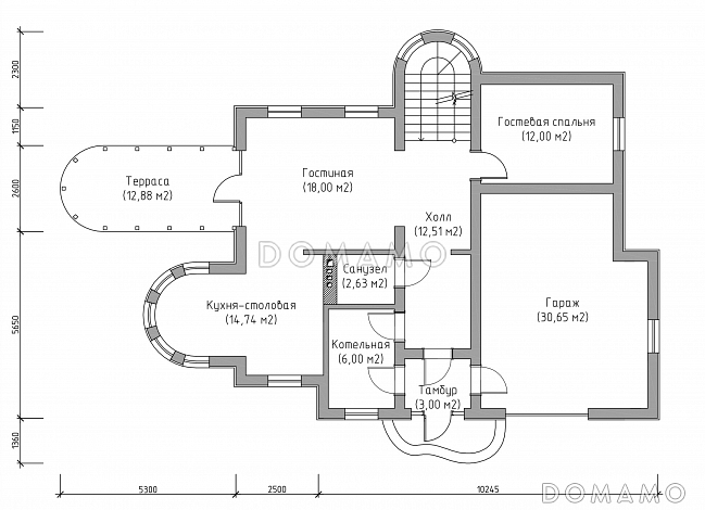 Проект яркого двухэтажного дома с башней, крытой террасой и гаражом / План 1 этажа