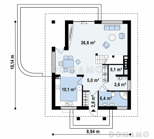 Проект небольшого одноэтажного мансардного дома из газобетона с балконами на фронтоне и частично крытой террасой   / План 1 этажа