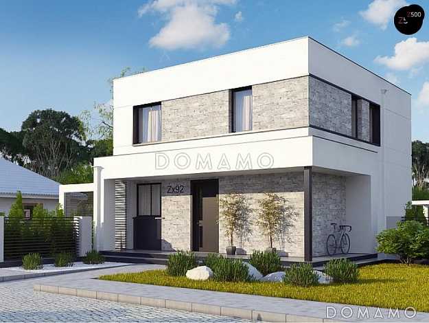 Проект дома со светлой гостиной, кладовой в кухне, спальней на первом этаже, мастер-спальней  на втором этаже