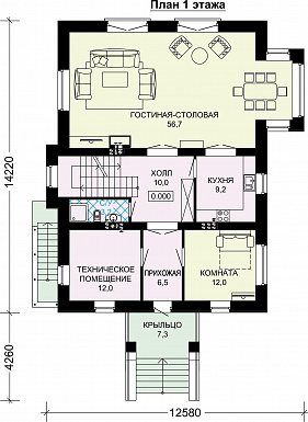 Проект кирпичного трехэтажного особняка / План 1 этажа