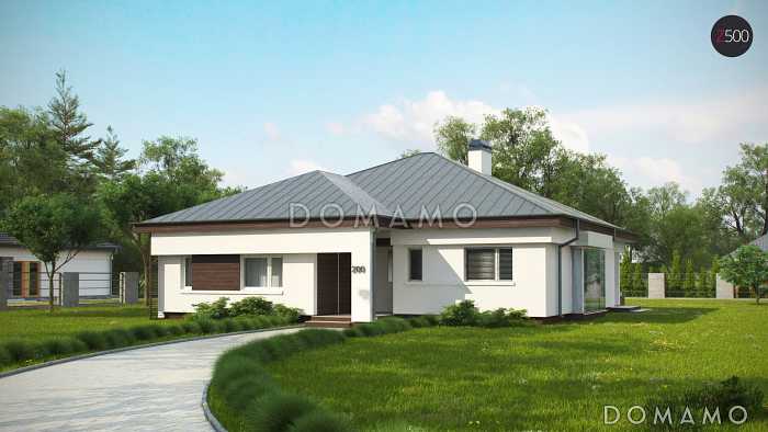 Проект одноэтажного дома из газобетона со стеклянным эркером в просторной гостиной