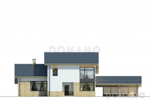 Проект загородного дома с навесом на две машины, двумя спальнями на первом этаже, террасой, вторым светом / Фасад 1