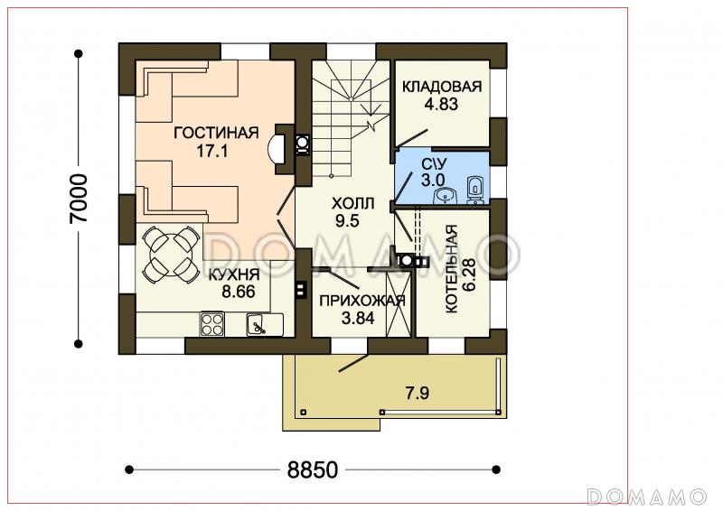 Проект двухэтажного дома с террасой при гостиной / План 1 этажа