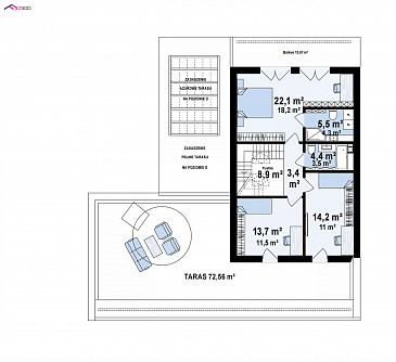Проект дома с большой террасой на мансардном этаже и гаражом / План мансардного этажа
