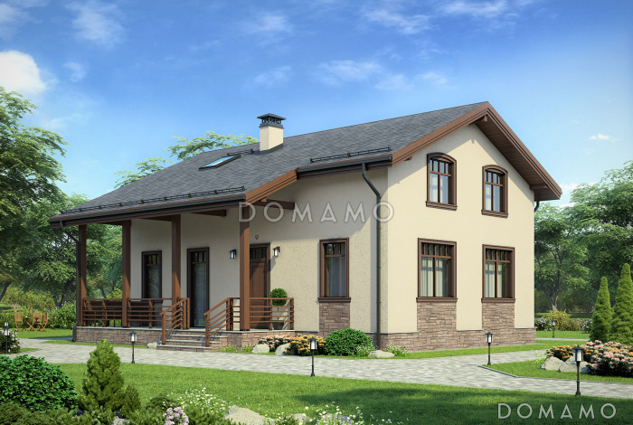 Проект дома с эркером в кухне, двумя спальнями на первом этаже, гостиной с камином, террасой