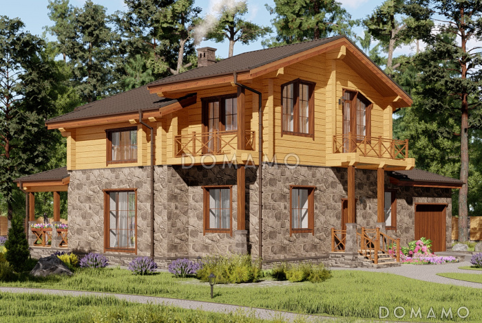 Проект двухэтажного дома из газобетона и бруса, с тремя балконами и террасой