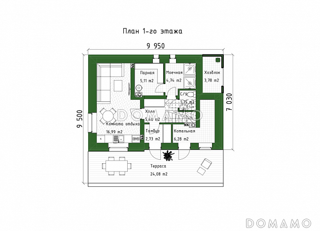 Проект дома с мансардой, балконом, террасой и сауной / План 1 этажа