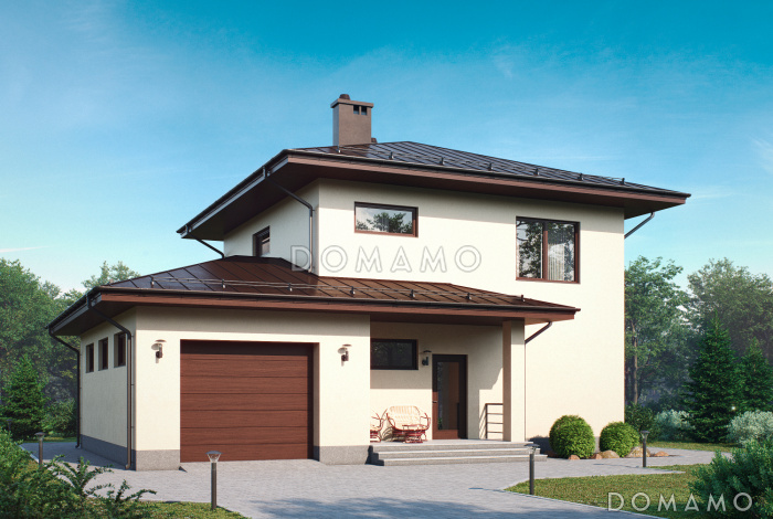 Проект загородного дома с гаражом, четырьмя спальнями, ванной с окном