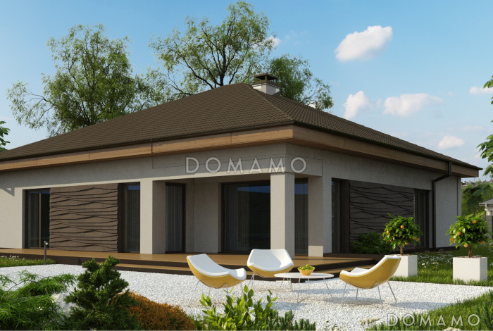 Проект современного одноэтажного дома из газобетона с тремя спальнями и большим фронтальным гаражом, с изменённой крышей и крытой террасой