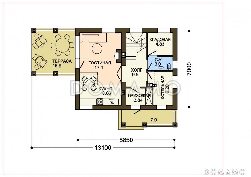 Проект функционального двухэтажного дома с террасой при гостиной / План 1 этажа