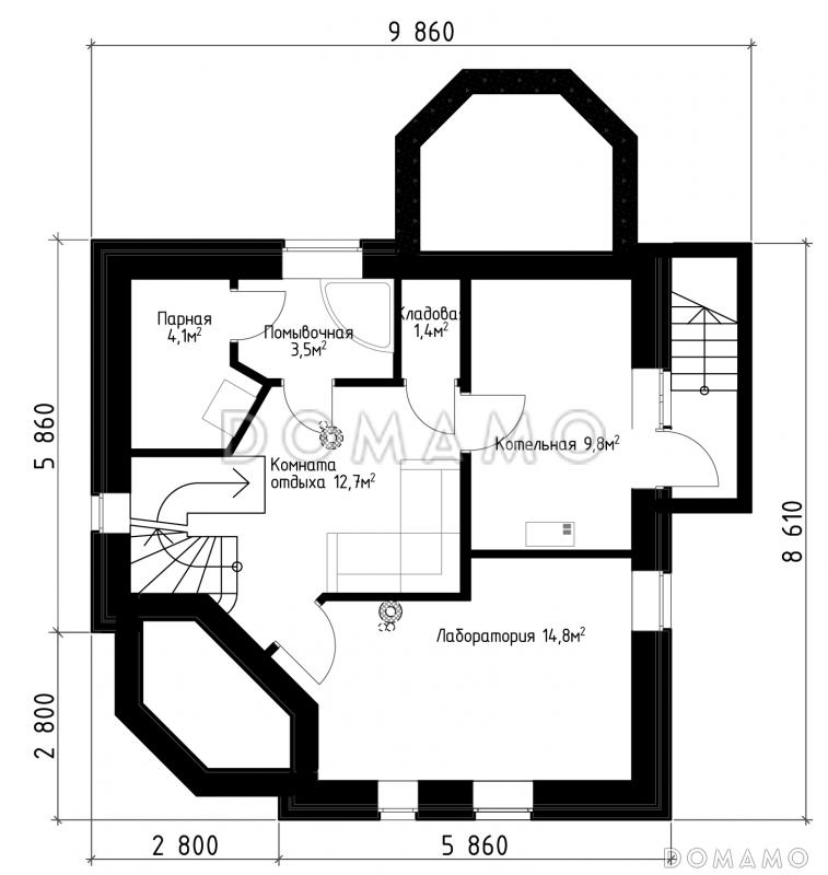 Проект квадратного  коттеджа  со входом с угла, террасой и подвалом. / План цокольного этажа