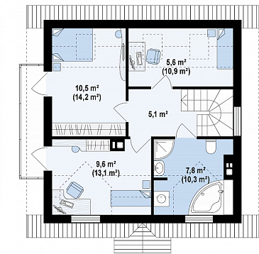 Проект одноэтажного мансардного дома из газобетона с тремя спальнями, балконом и красивыми мансардными окнами / План мансардного этажа