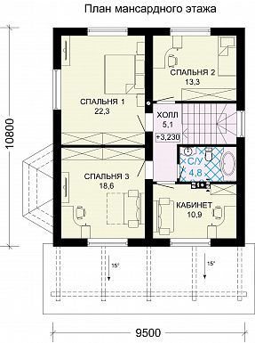 Проект загородного дома с крытой террасой и просторными спальными комнатами из SIP панелей / План мансардного этажа