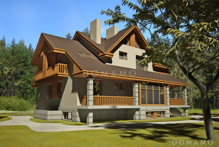 Загородный дом с окнами в пол, с тремя террасами и лоджией