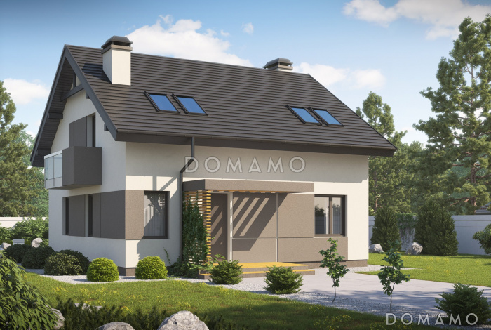 Проект одноэтажного мансардного дома из газобетона в современном исполнении с четырьмя комнатами и балконом