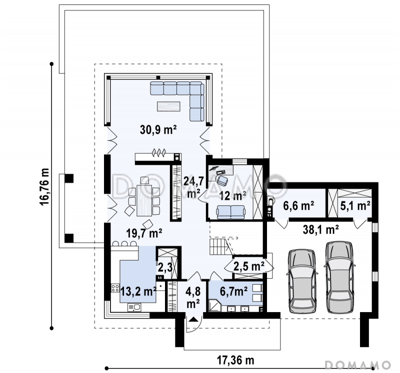 Проект современного двухэтажного дома из кирпича с плоской крышей с гаражом для двух автомобилей и террасами на обоих уровнях / План 1 этажа