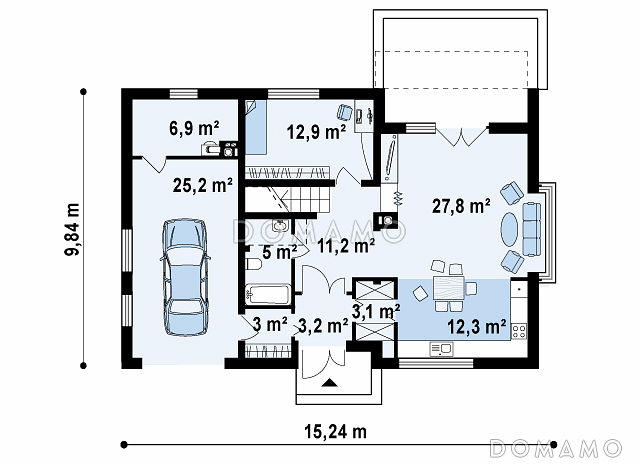 Проект современного мансардного дома из газобетона с четырьмя комнатами, эркером и одноместным гаражом / План 1 этажа