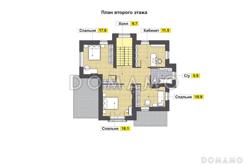 Проект дома с крытой террасой, кладовой под лестницей. эркерами, гостевой на первом этаже, спальнями и кабинетом на втором этаже / План 2 этажа