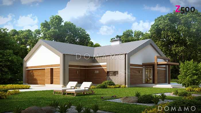 Проект углового одноэтажного дома из газобетона с облицовкой деревянной вагонкой и с гаражом на два автомобиля