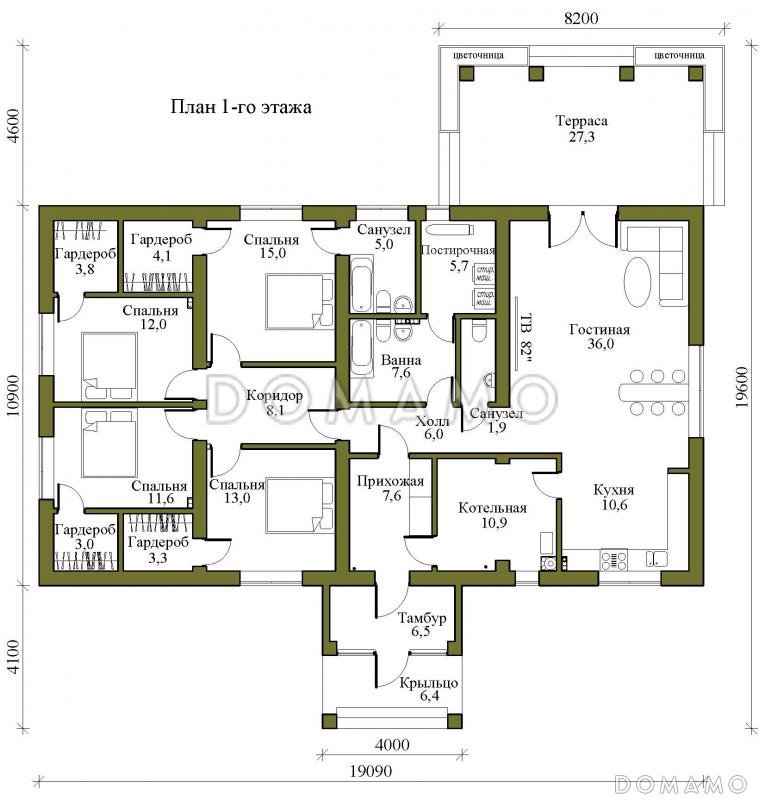 Проект одноэтажного кирпичного дома с цветочной террасой и просторной кухней-гостиной / План 1 этажа