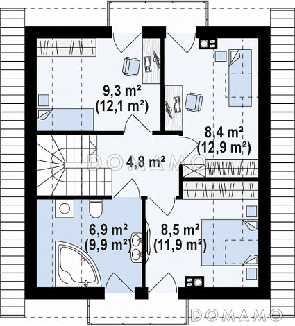 Проект классического одноэтажного мансардного дома из газобетона с эркером в столовой зоне, балконами и хозяйственным помещением / План мансардного этажа