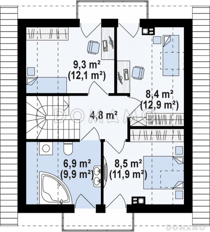 Проект классического одноэтажного мансардного дома из газобетона с эркером в столовой зоне, балконами и хозяйственным помещением / План мансардного этажа