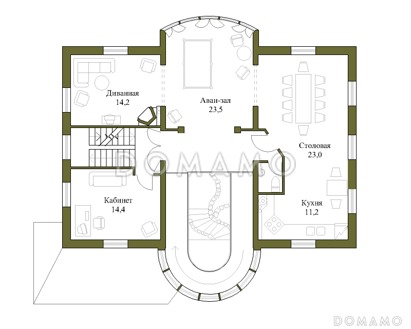 Проект трёхэтажного коттеджа с башенкой и пандусом / План 2 этажа