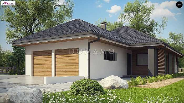 Проект одноэтажного дома из кирпича с тремя спальнями, гаражом на два автомобиля и уютной крытой террасой