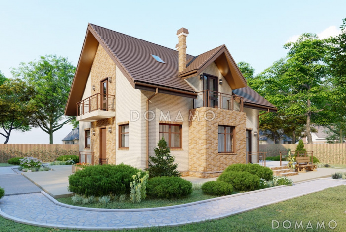 Проект компактного двухэтажного дома с 3 балконами и мансардой