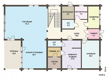 Проект двухэтажного дома из клееного бруса с сауной и гостевой комнатой на первом этаже / План 1 этажа
