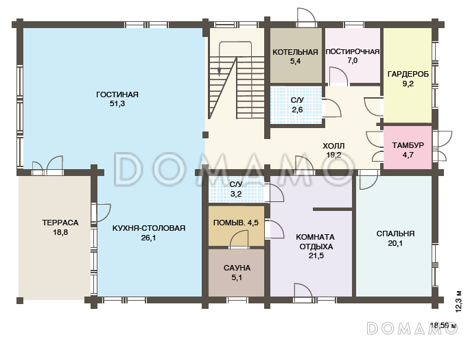 Проект двухэтажного дома из клееного бруса с сауной и гостевой комнатой на первом этаже / План 1 этажа