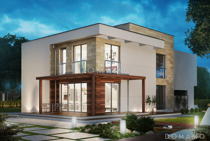 Проект двухэтажного загородного дома с гаражом на 2 автомобиля, террасой, большой кухней, кабинетом