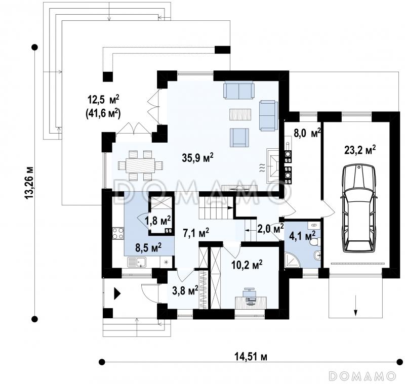 Проект загородного дома с гаражом, просторной гостиной, французскими балконами, чердаком / План 1 этажа