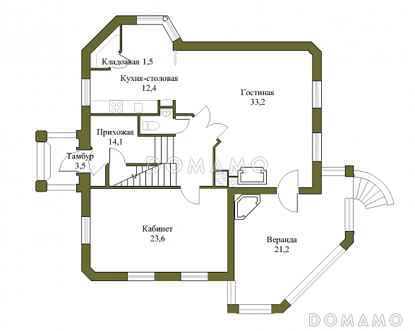 Проект трёхэтажного коттеджа с подвалом и зимним садом / План 1 этажа