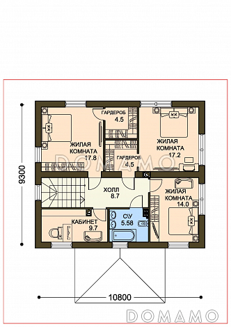 Проект двухцветного коттеджа из SIP с двумя гардеробными и большим крыльцом / План 2 этажа