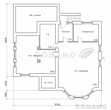 Проект двухэтажного дома с эркером и цокольным этажом, с винтовой лестницей / План цокольного этажа