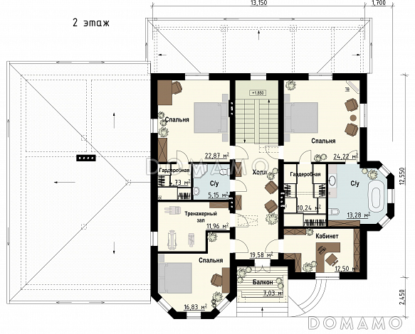 Проект загородного дома с гаражом, сауной, террасой, спортзалом / План 2 этажа